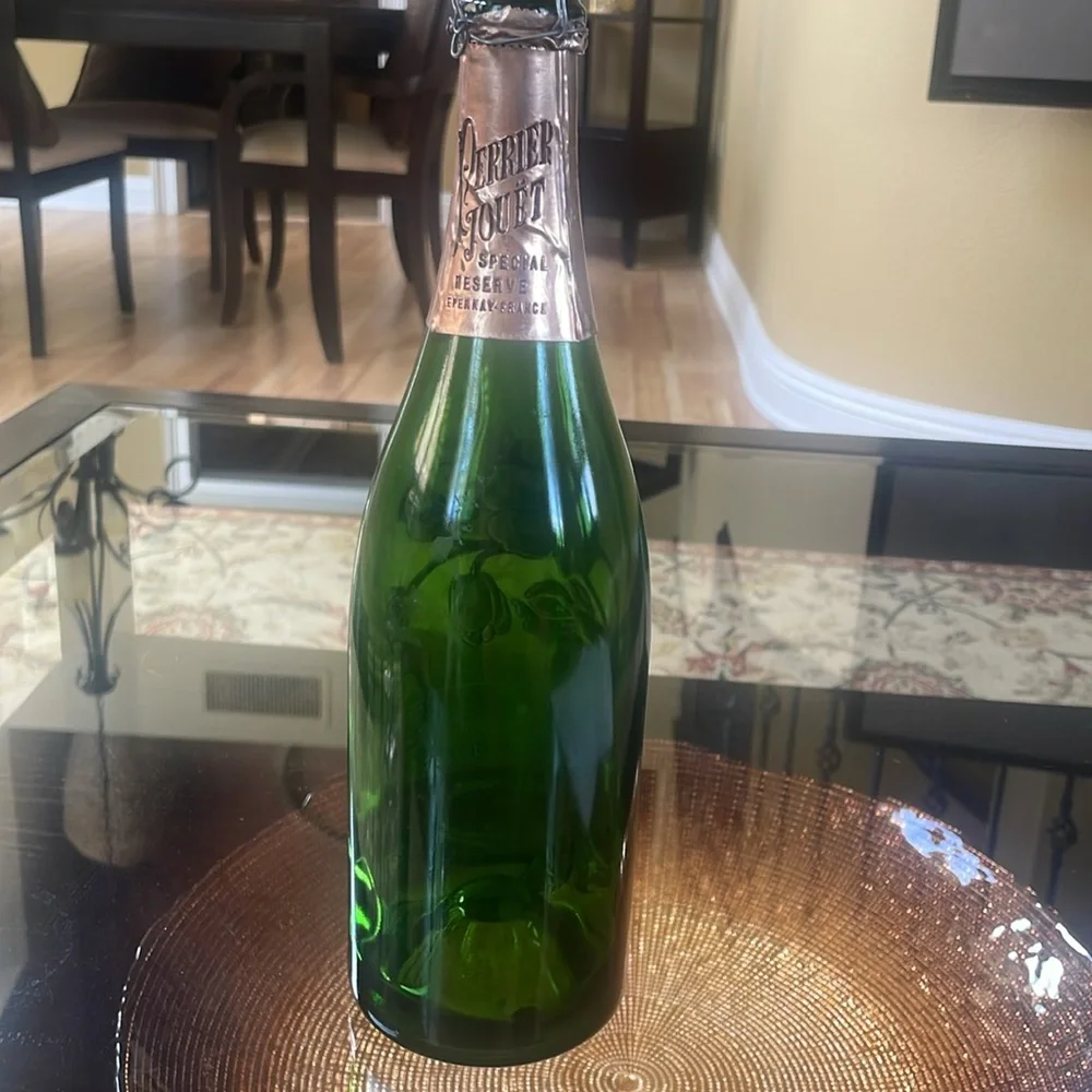 Perrier-Jouët Empty Champagne Bottle with Hand Painted Floral Glasses